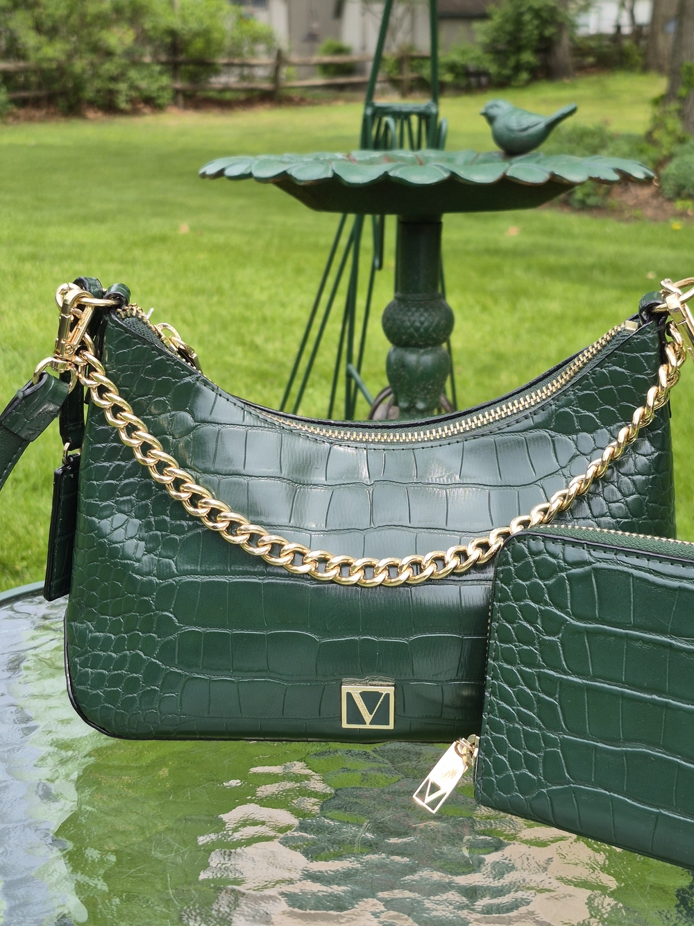 Victoria's Secret Dark Green Croc-Embossed Shoulder Bag & Wallet Set - Picture 3 of 8